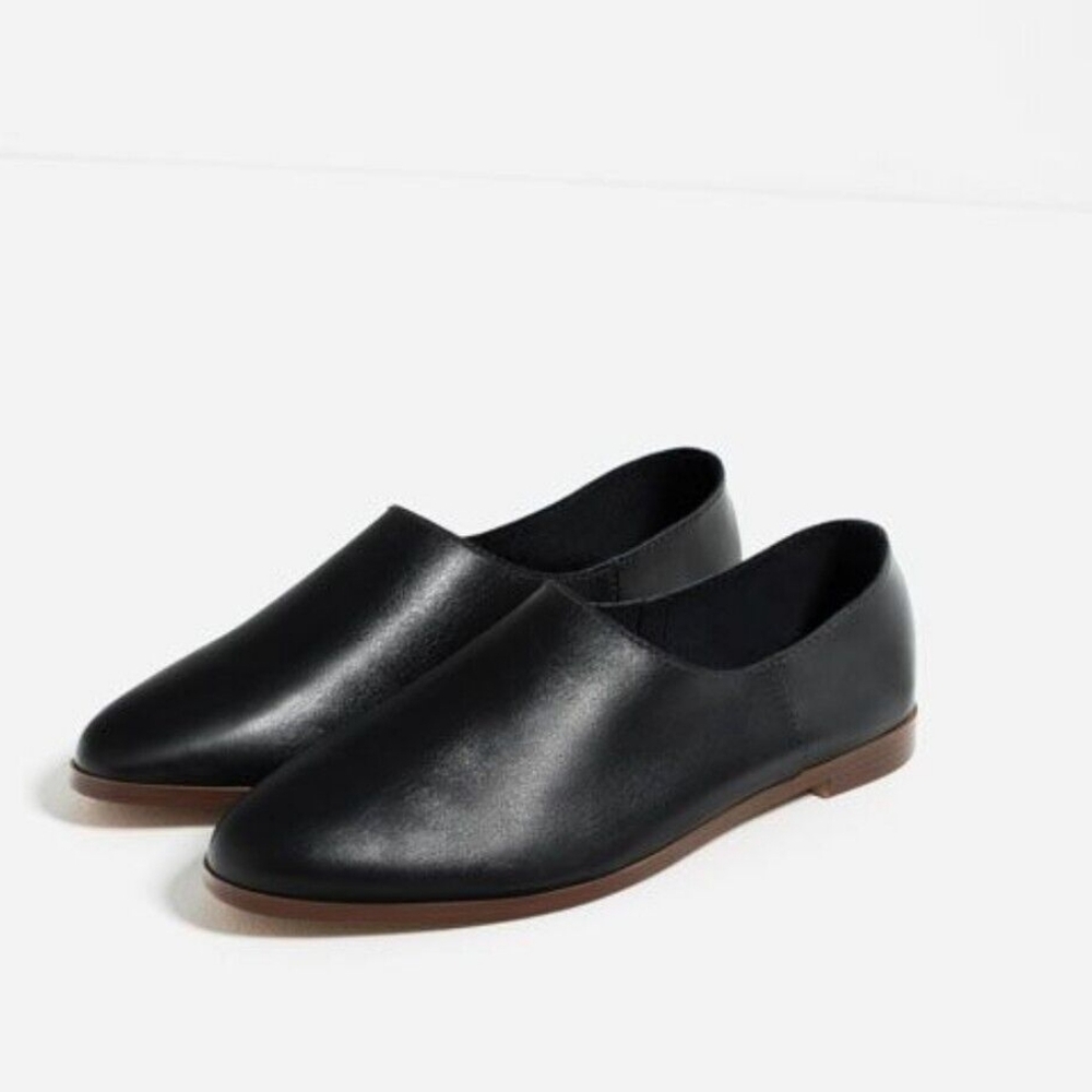 ZARA Trafaluc black leather flats slides ballerina pointed toe